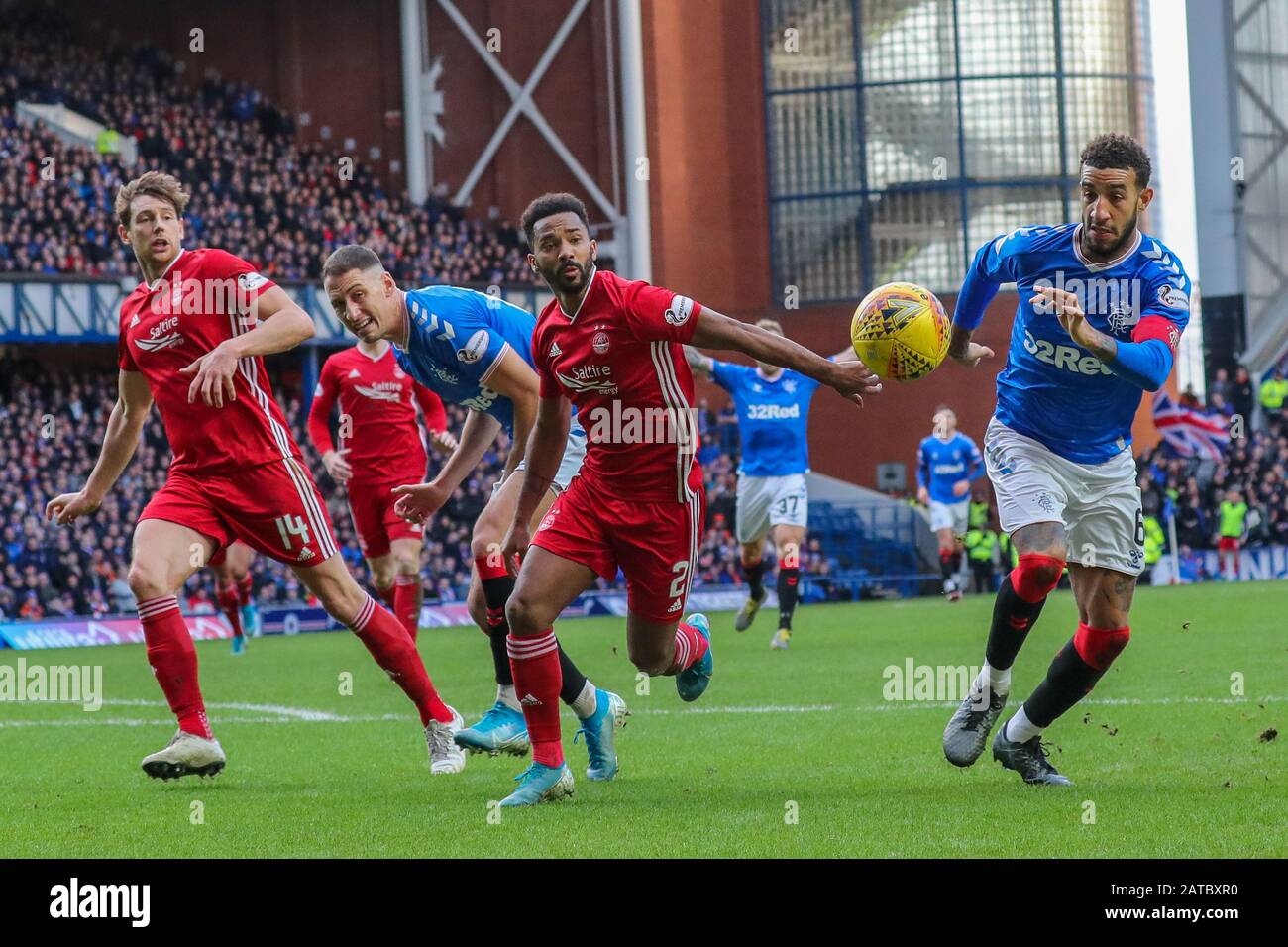 Glasgow, UK. 01st Feb, 2020. Rangers FC played Aberdeen at the Glasgow teams home ground at Ibrox football stadium in a Scottish Premiere League match. The last two games between these teams resulted in a 5 - 0 win for Rangers at Ibrox and a 2 - 2 draw at Pittodrie, Aberdeen's home ground, so in league points this is an important game for both teams. The game finished 0 - 0. Credit: Findlay/Alamy Live News Stock Photo