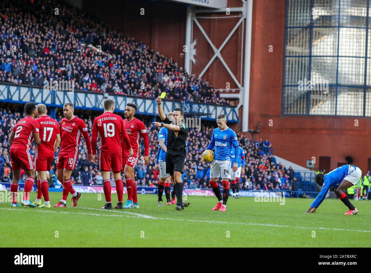 Glasgow, UK. 01st Feb, 2020. Rangers FC played Aberdeen at the Glasgow teams home ground at Ibrox football stadium in a Scottish Premiere League match. The last two games between these teams resulted in a 5 - 0 win for Rangers at Ibrox and a 2 - 2 draw at Pittodrie, Aberdeen's home ground, so in league points this is an important game for both teams. The game finished 0 - 0. Credit: Findlay/Alamy Live News Stock Photo