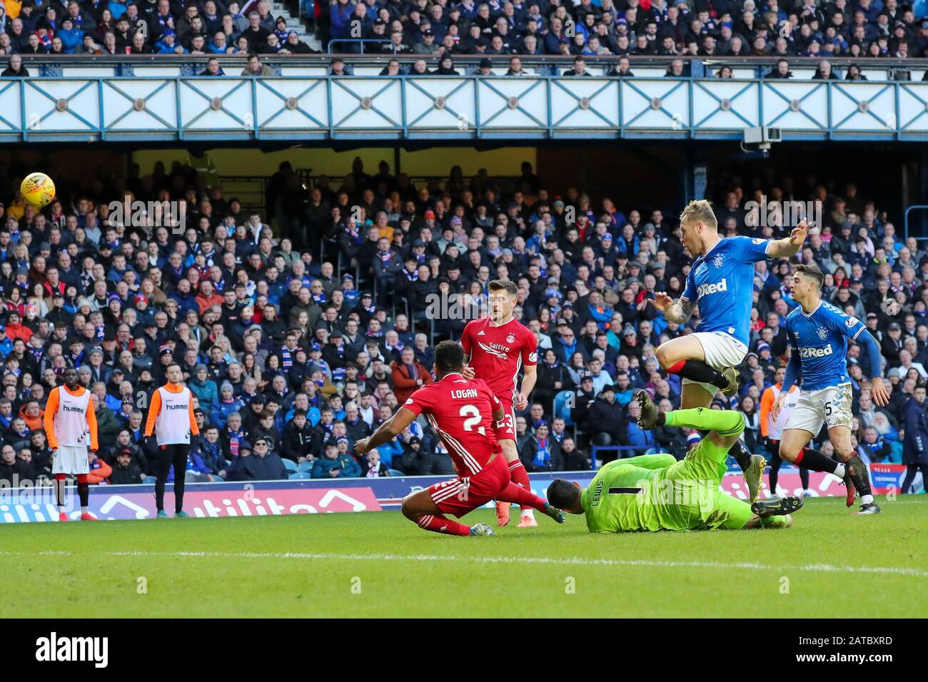 Glasgow, UK. 01st Feb, 2020. Rangers FC played Aberdeen at the Glasgow teams home ground at Ibrox football stadium in a Scottish Premiere League match. The last two games between these teams resulted in a 5 - 0 win for Rangers at Ibrox and a 2 - 2 draw at Pittodrie, Aberdeen's home ground, so in league points this is an important game for both teams. The game finished 0 - 0. Credit: Findlay/Alamy Live News Stock Photo