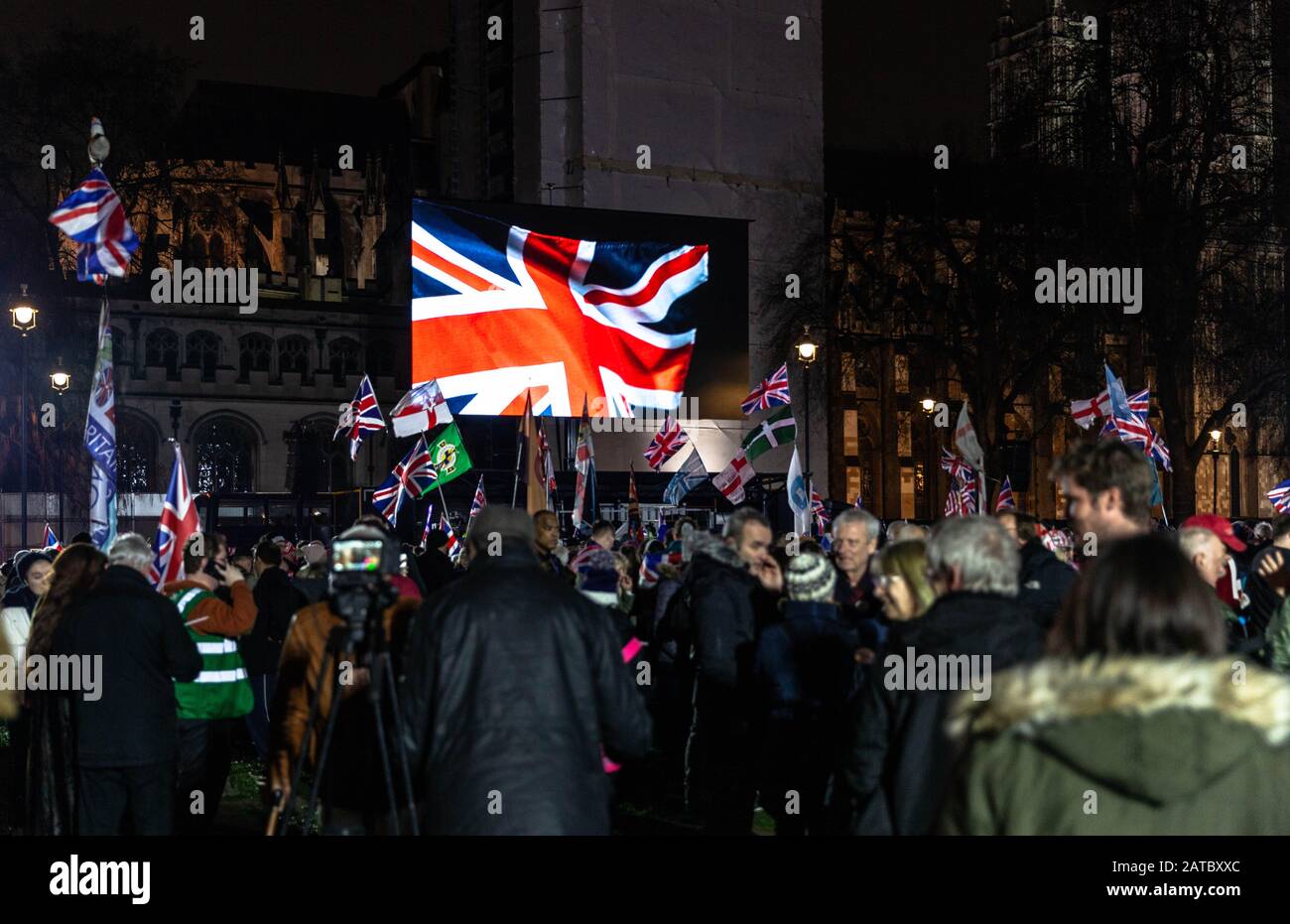 Brexit supporters celebrating at Parliament Square, London, England, UK. Stock Photo