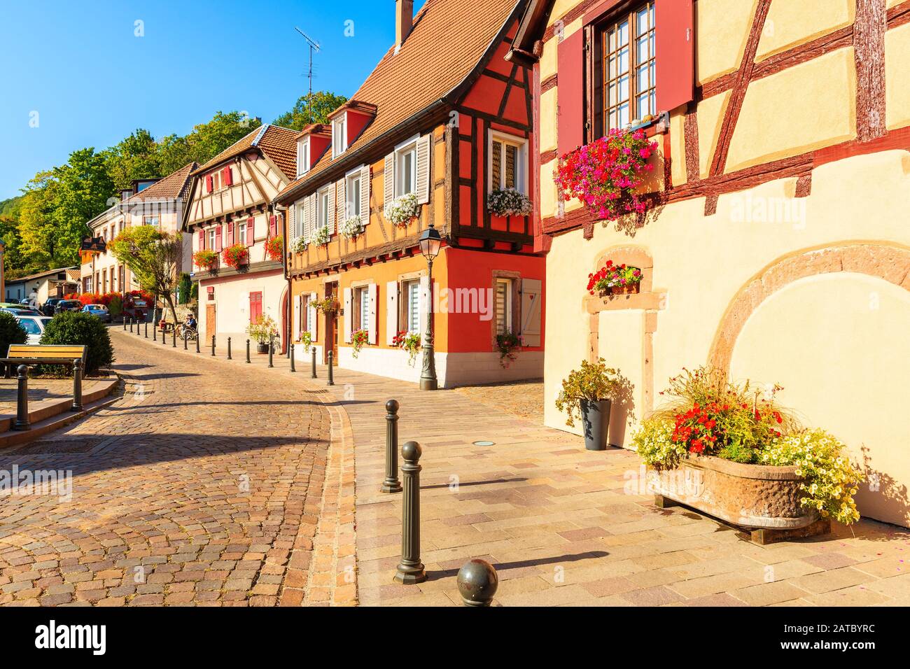 Beautiful traditional colorful houses in picturesque Ribeauville village, Alsace wine region, France Stock Photo