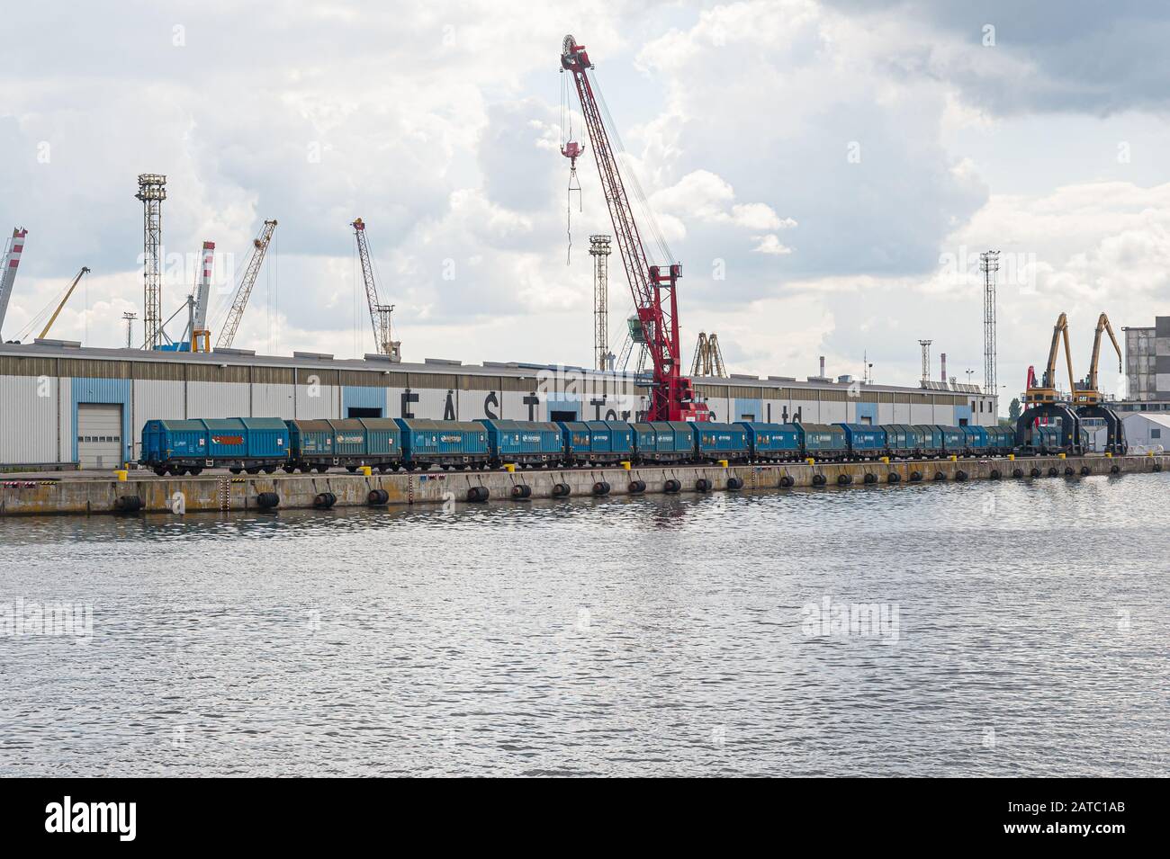 Ship port Szczecin on river Odra. Poland. 08-28-2017. Cargo train in rail freight terminal. Stock Photo