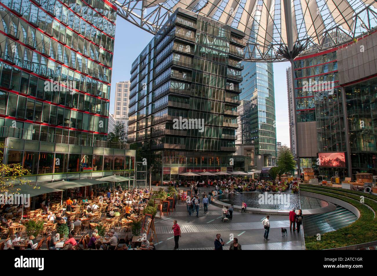 Cinemes and restaurants in the interior atrium of Sony Center in Potsdamer Platz in Berlin, Germany Stock Photo
