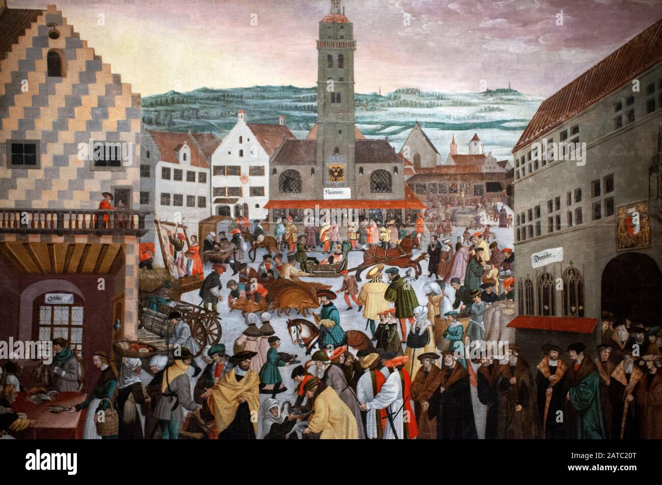 Portrayal of Augsburg from 1550, with  the Perlachturm in the background at Interior of Modern extension to German History Museum ( Deutsches Historis Stock Photo