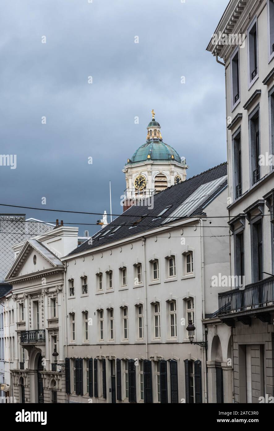 Brussels Old Town, Brussels Capital Region / Belgium - 12 20 2019: View over the Rue de Namur Naamse straat and the Coudenberg tower Stock Photo