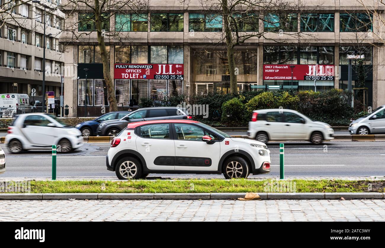 Brussels Old Town, Brussels Capital Region / Belgium - 12 20 2019: Citroen C3 of the Cambio carsharing company parked at the Boulevard du Regent with Stock Photo