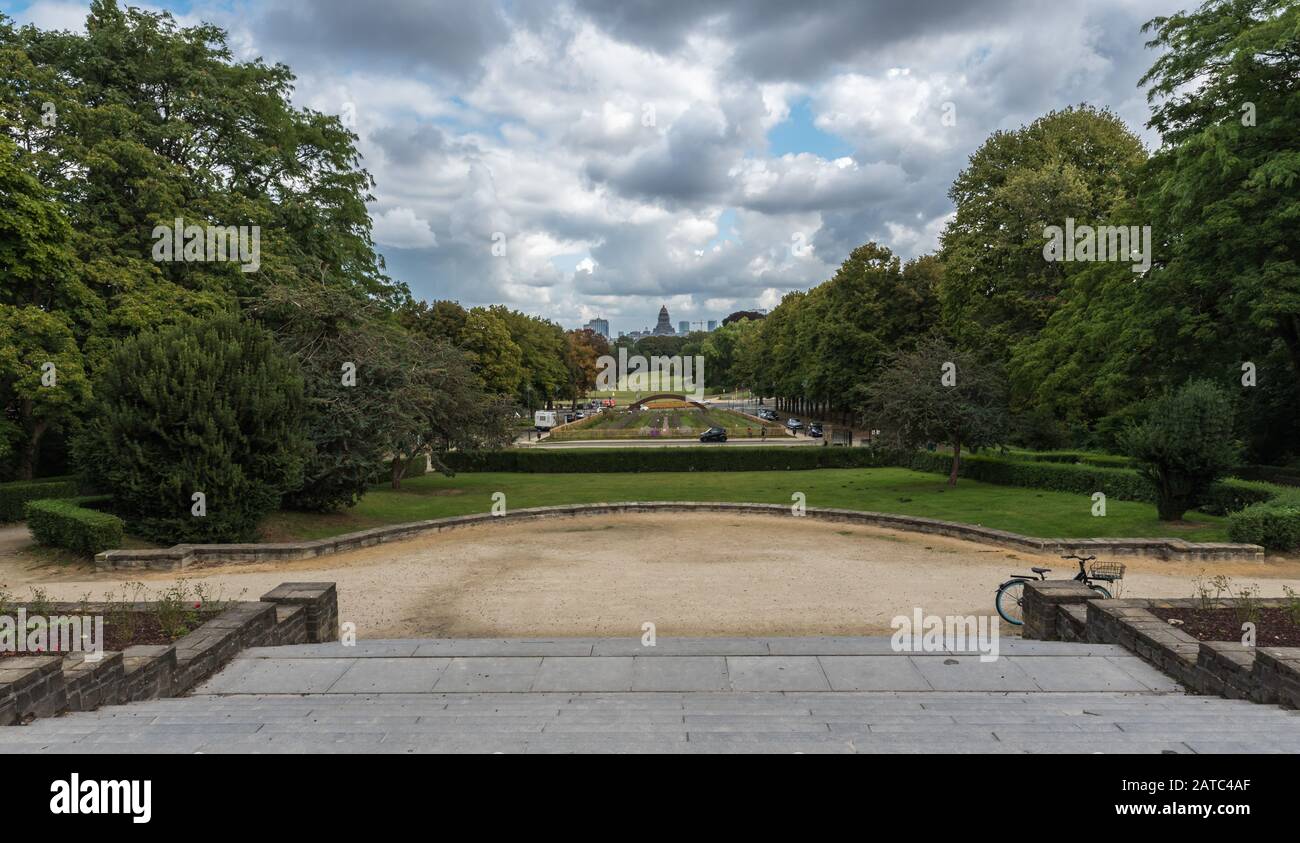 Vorst Forest, Brussels Capital Region / Belgium - 09 07 2019: Panoramic view from the Duden city park over the fountain and the south of Brussels with Stock Photo