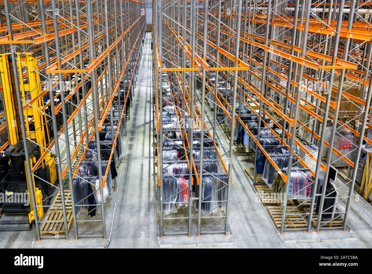 Moscow - March 18, 2016: Panoramic view of the interior of the large modern warehouse. Moscow is a modern city with well-developed logistics infrastru Stock Photo