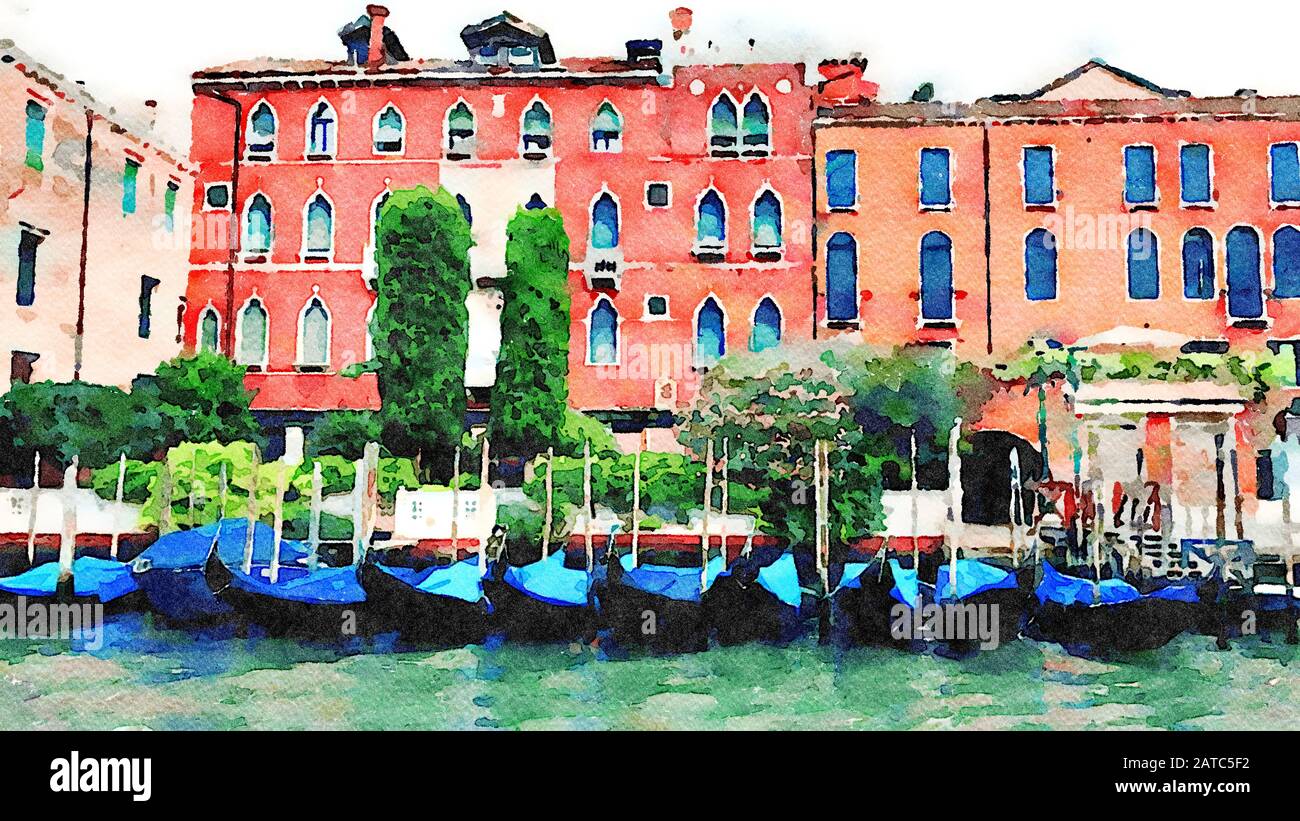 the gondolas parked at the foot of the historic buildings of Venice ...