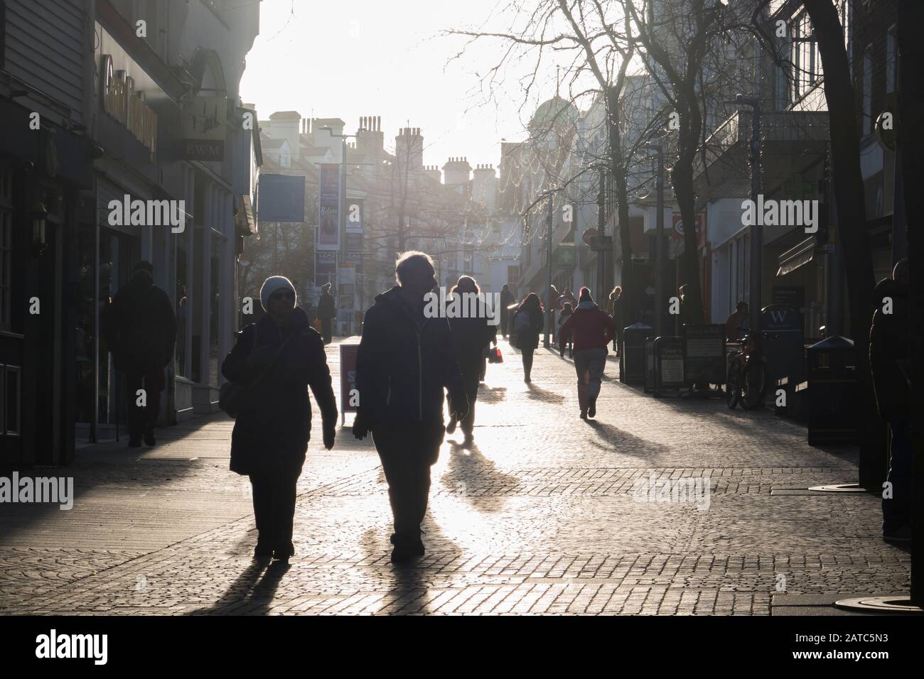 Folkestone High Street,Winter,Contre Jour,Winter Shopping,Folkestone,Kent,England Stock Photo