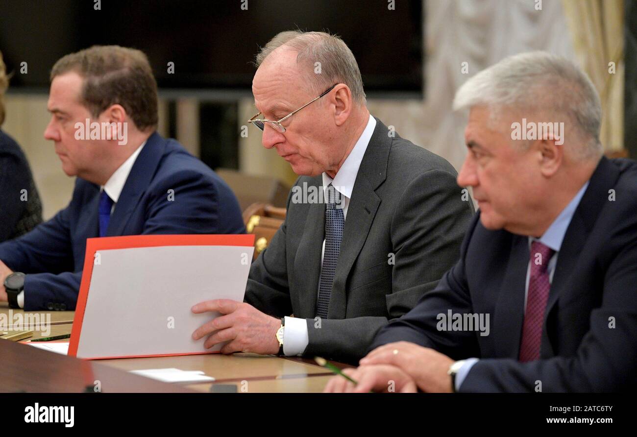 Moscow, Russia. 31st Jan, 2020. Russian Deputy Chairman of the Security Council Dmitry Medvedev, left, Secretary of the Security Council Nikolai Patrushev and Interior Minister Vladimir Kolokoltsev, right, before a meeting with permanent members of the Security Council hosted by President Vladimir Putin at the Kremlin January 31, 2020 in Moscow, Russia. Credit: Alexei Druzhinin/Kremlin Pool/Alamy Live News Stock Photo