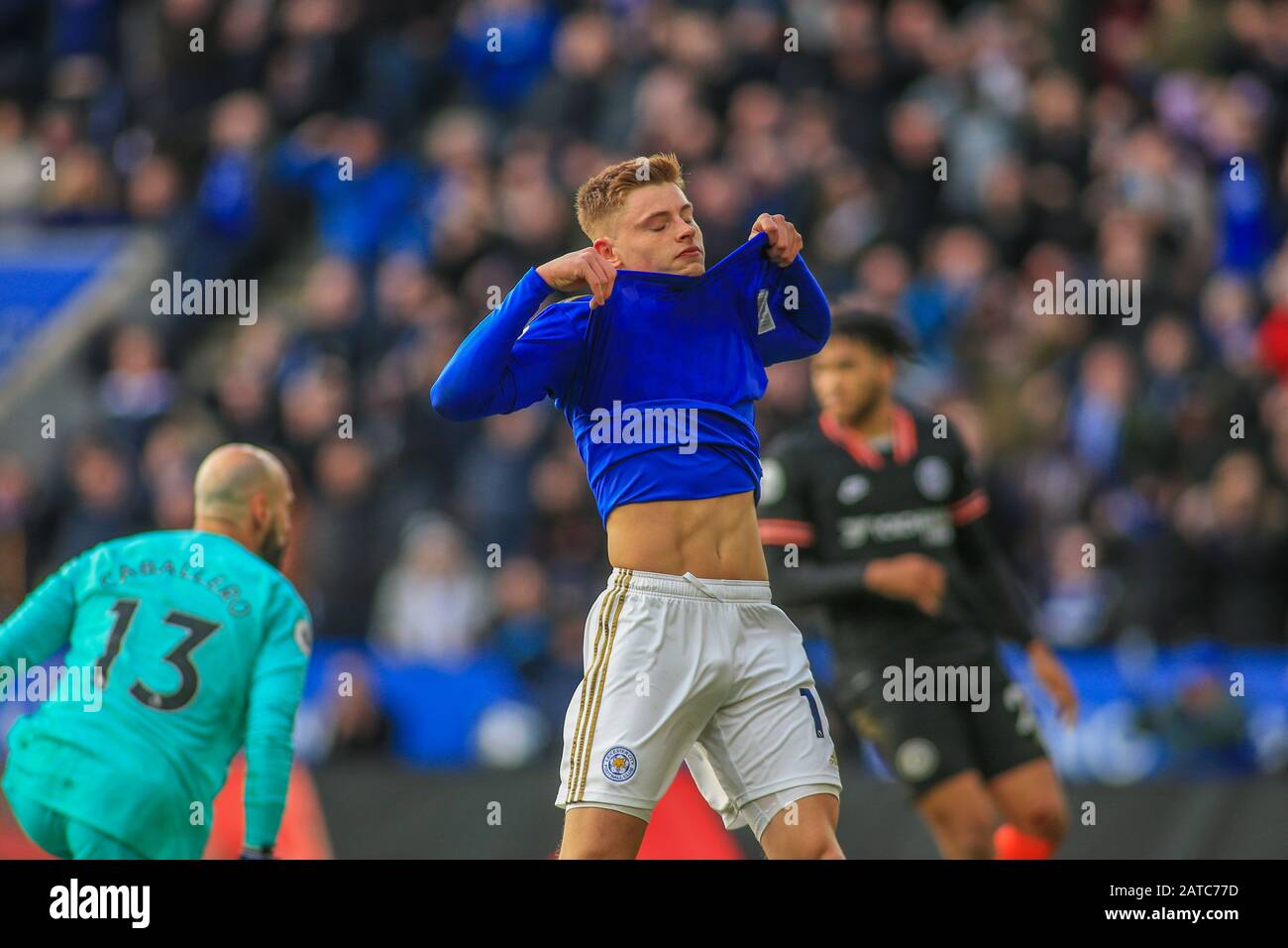 1st February 2020, King Power Stadium, Leicester, England; Premier League,  Leicester City v Chelsea : Harvey Barnes (15) of Leicester City hides his  face in his shirt after a late miss Stock Photo - Alamy