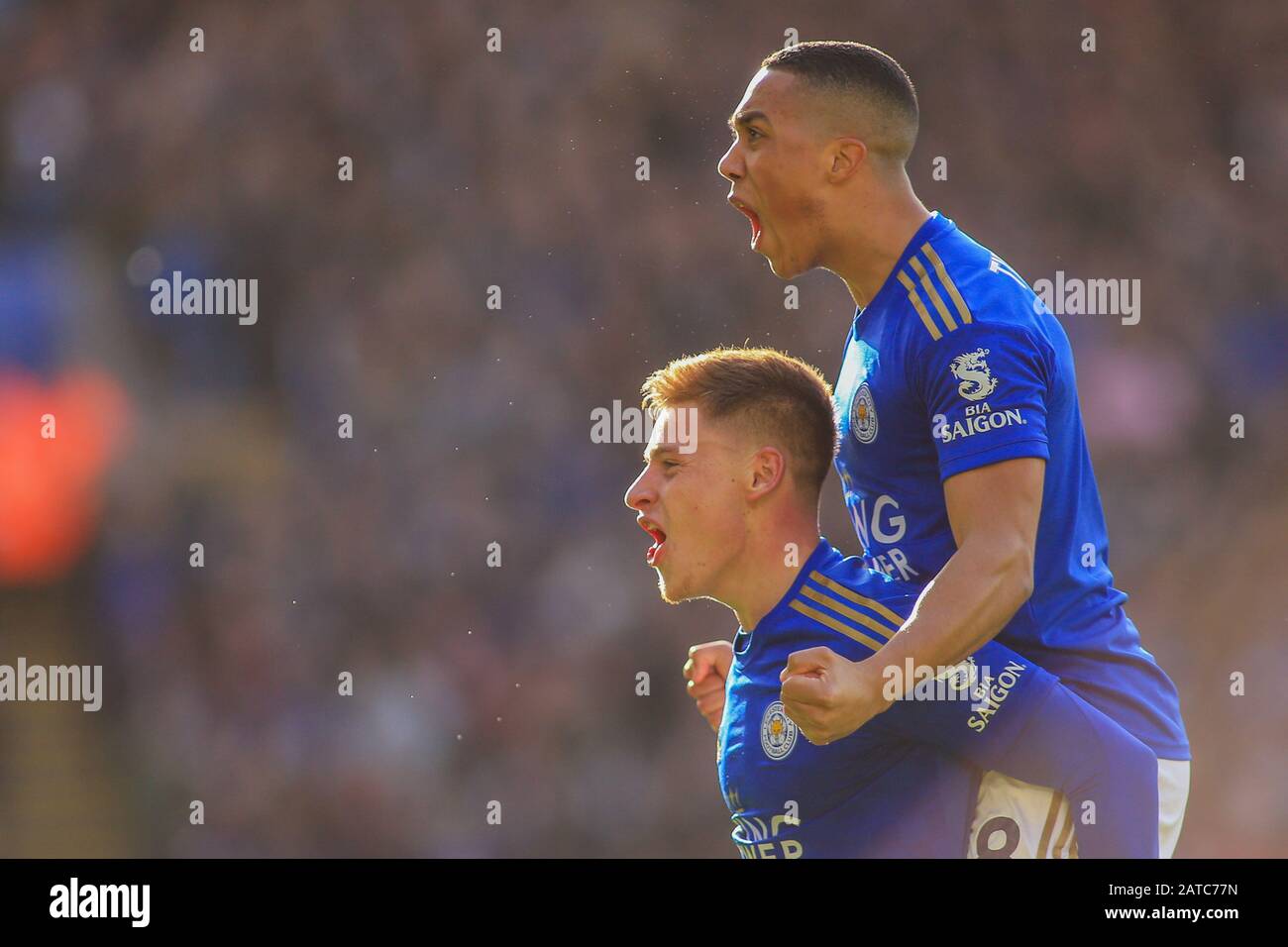 1st February 2020, King Power Stadium, Leicester, England; Premier League, Leicester City v Chelsea : Harvey Barnes (15) of Leicester City celebrates his goal with Youri Tielemans (8) of Leicester City to make it 1-1 Stock Photo