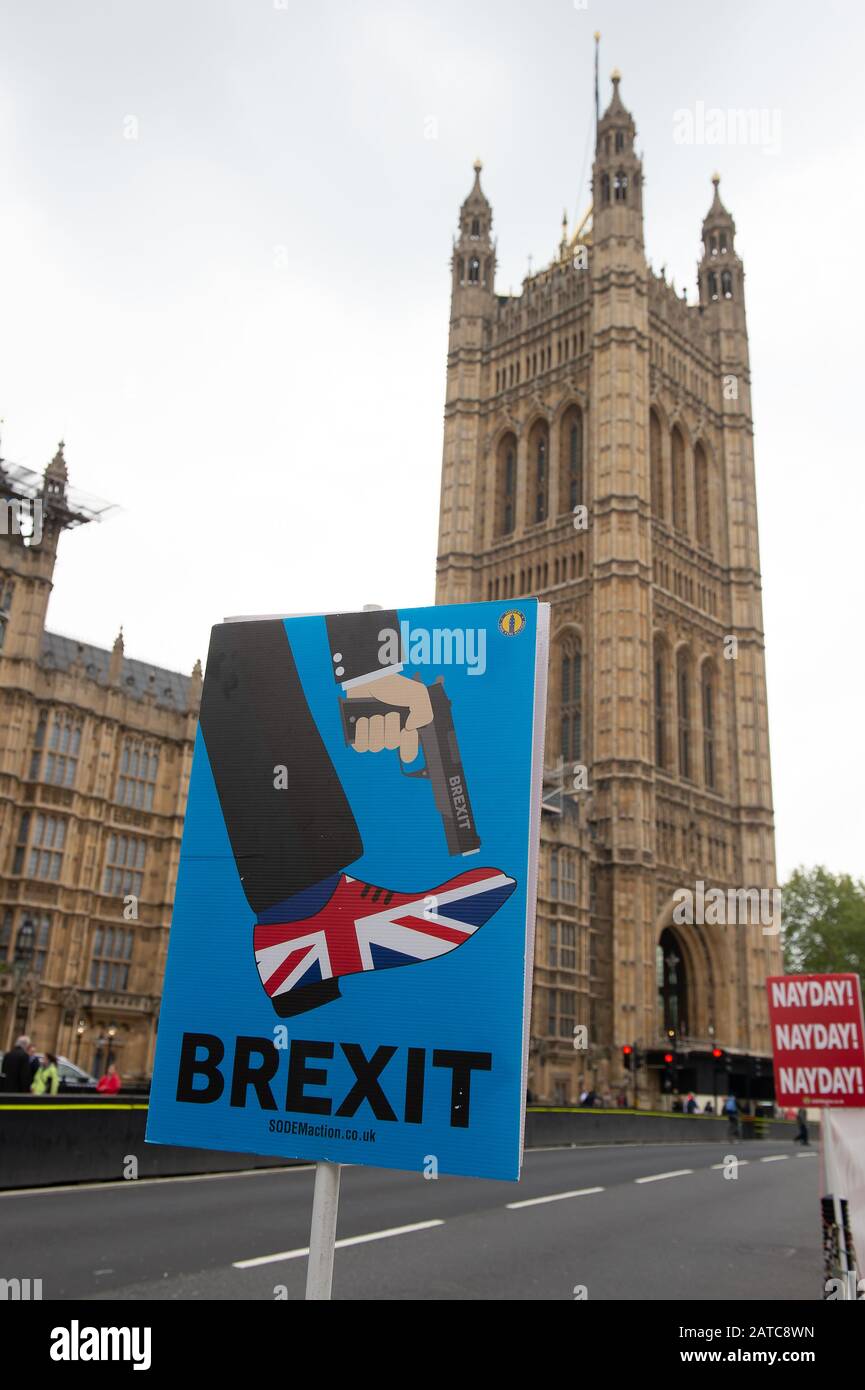 Westminster, London, UK. 1st May, 2019. Brexit SODEM Remain signs outside the Houses of Parliament. Credit: Maureen McLean/Alamy Stock Photo