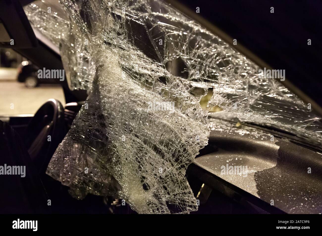 Car accident, shattered vehicle, sinister traffic, road safety Stock Photo