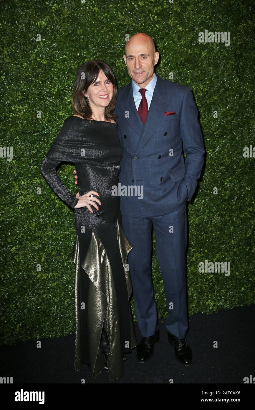 Mark Strong and his wife Liza Marshall arriving at the Charles Finch and Chanel pre-Bafta party at 5 Hertford Street in Mayfair, London. Stock Photo