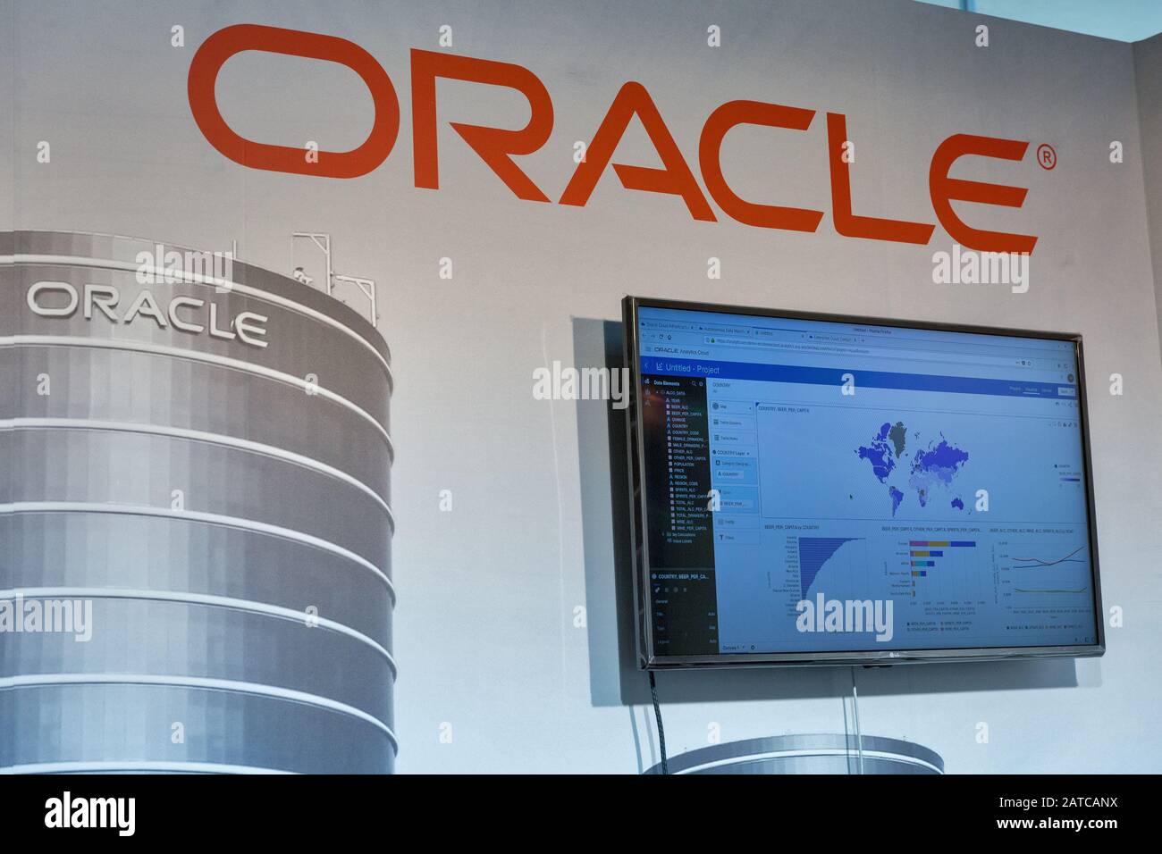KYIV, UKRAINE - APRIL 06, 2019: Oracle, USA global computer technology corporation booth during CEE 2019, the largest electronics trade show of Ukrain Stock Photo