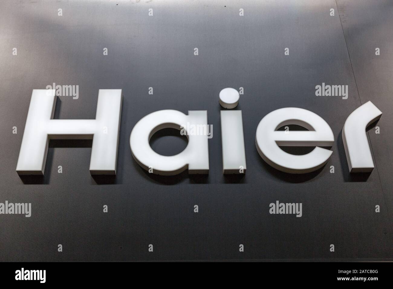 KYIV, UKRAINE - APRIL 06, 2019: Haier logo closeup on booth at CEE 2019, the largest electronics trade show of Ukraine. Haier is a multinational home Stock Photo
