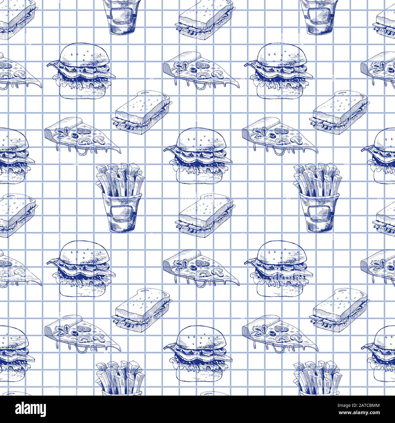 Hand Drawn Fast Food Pattern Burger Pizza French Fries Detailed Hand drawn fast food pattern burger pizza french fries detailed