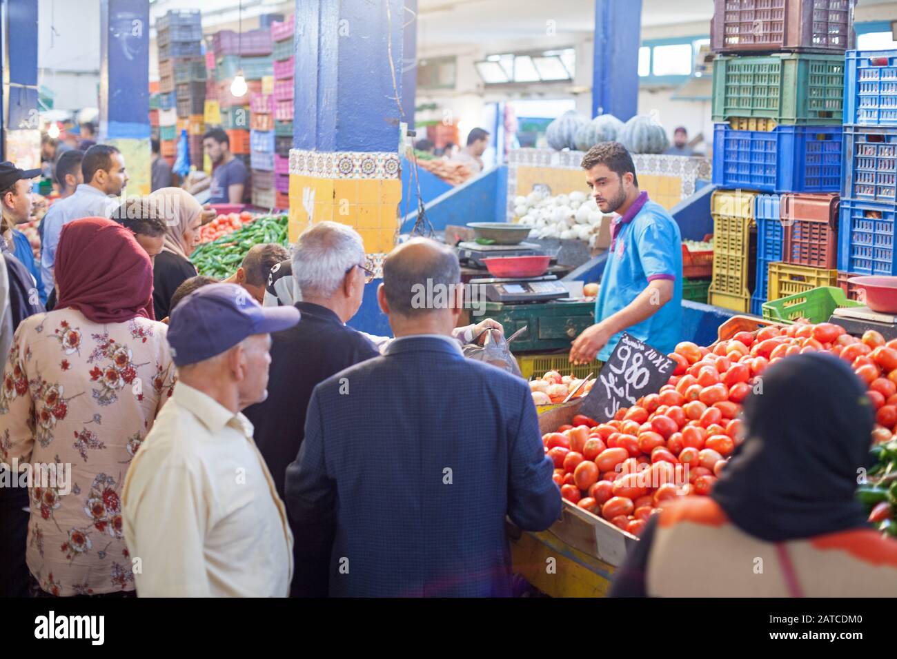 The crowded fruit and vegetable market in the Medina Stock Photo