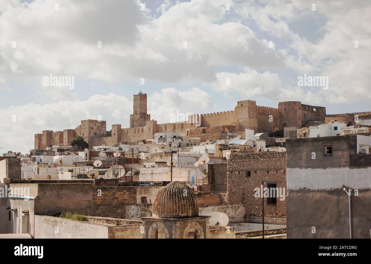 At the top on the hill of  Sousse's Medina is the fortress Stock Photo