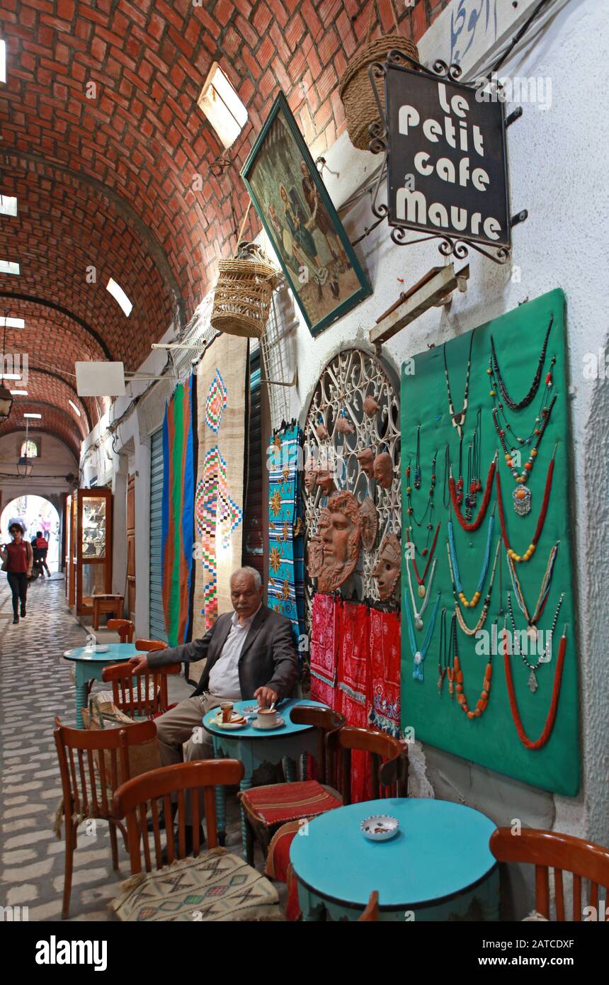 Entrance of Petit Cafe Maure in Medina of Sousse Stock Photo