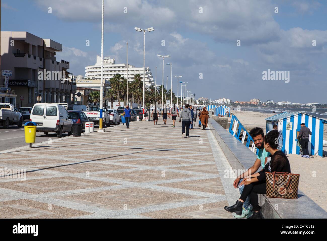Hotel-lined Beach Boulevard of Sousse next the sea side Stock Photo