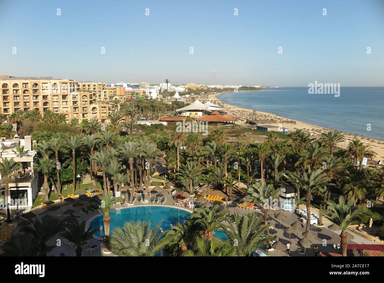 View from above along the sandy beach of Sousse Stock Photo