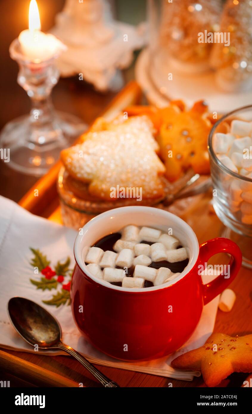 Hot chocolate with marshmallow and cookies at Christmas Stock Photo