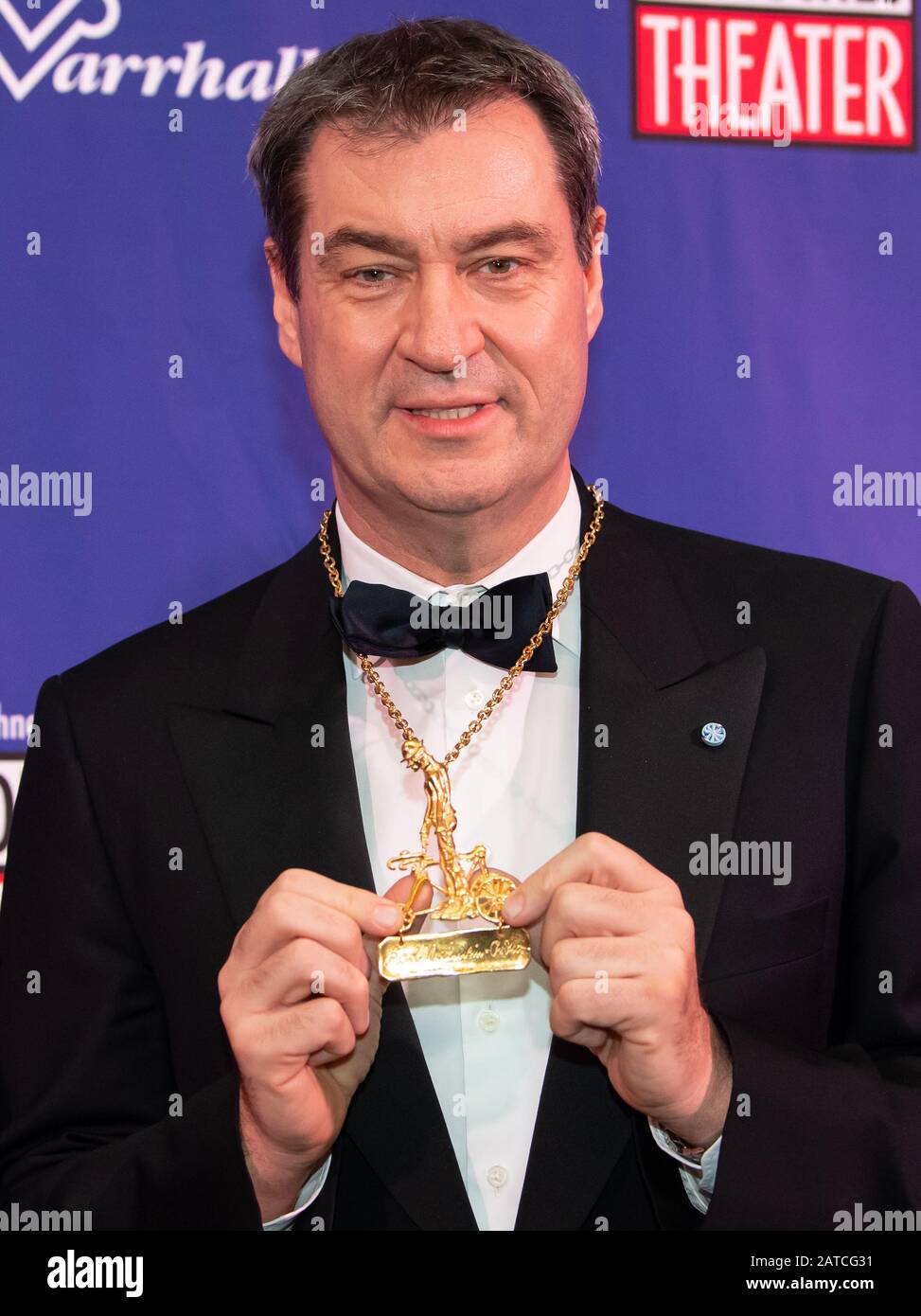 Munich Germany 01st Feb 2020 Markus Soder Csu Prime Minister Of Bavaria Shows His Karl Valentin Order In The Deutsches Theater Which Was Previously Awarded To Him By The Munich Carnival Society Narrhalla Credit