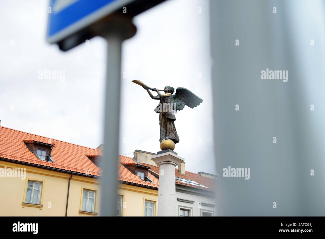 Uzupis Angel, famous statue of a trumpeting angel, symbol of Uzupis district of Vilnius, Lithuania. Stock Photo