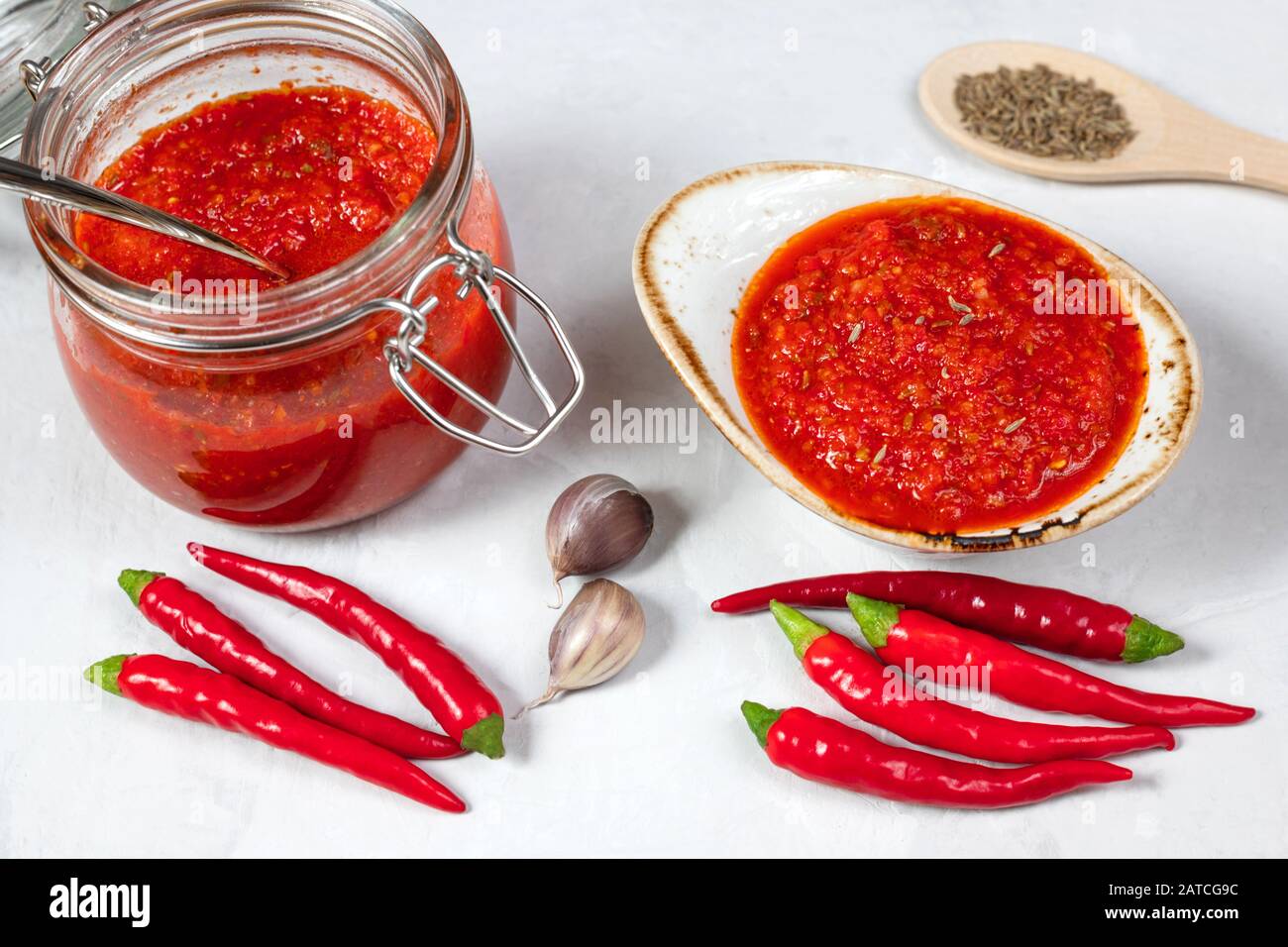 Hot chili pepper sauce paste harissa. Adjika. Traditional Tunisia ...