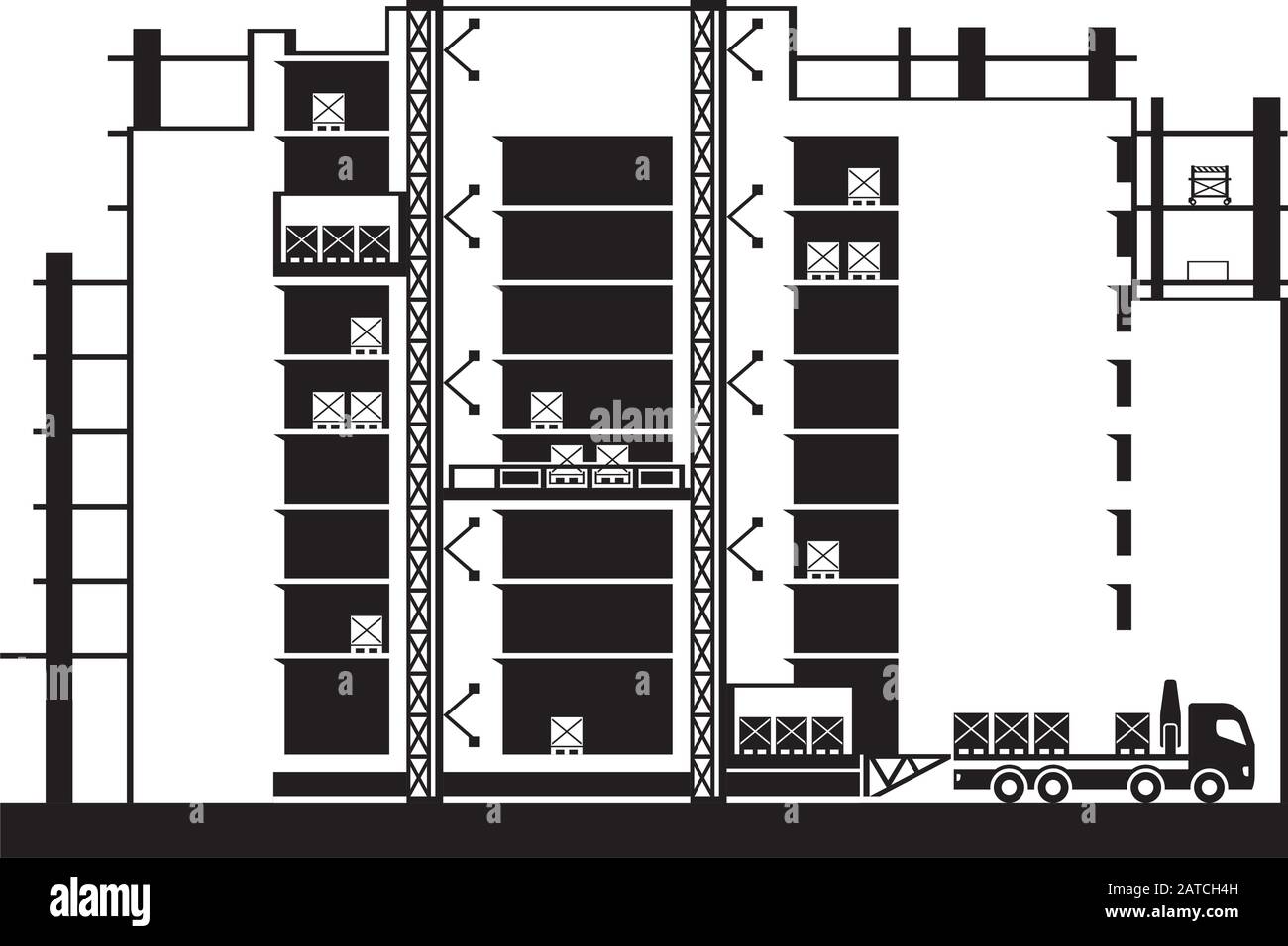 Lifting of construction materials to floors of building by hoist - vector illustration Stock Vector