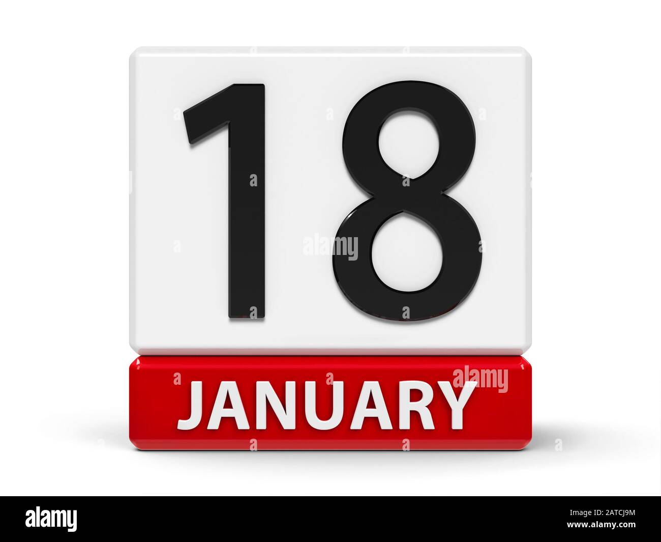 Red and white calendar icon from cubes - The Eighteenth of January - on a white table, three-dimensional rendering, 3D illustration Stock Photo