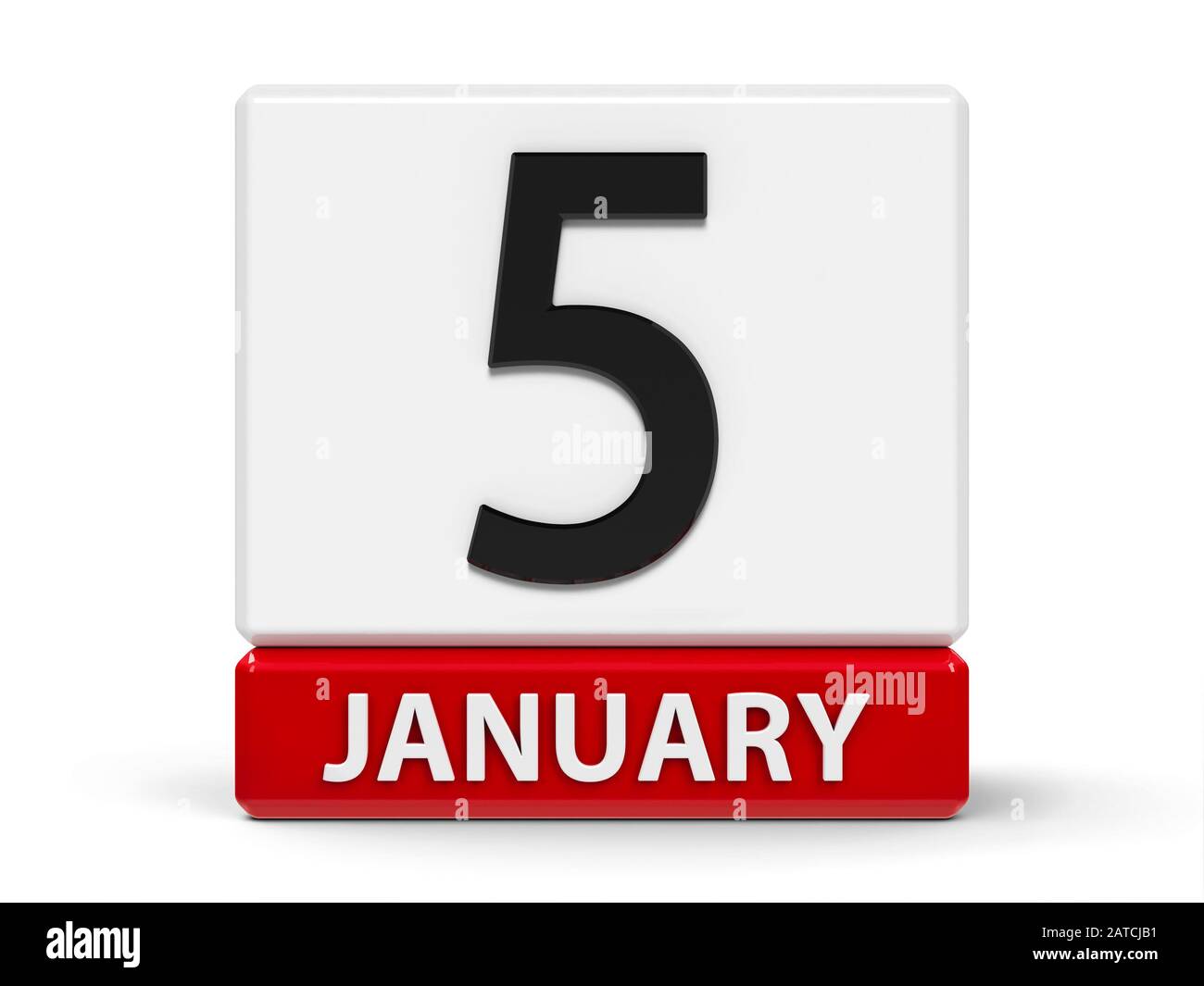Red and white calendar icon from cubes - The Fifth of January - on a white table, three-dimensional rendering, 3D illustration Stock Photo