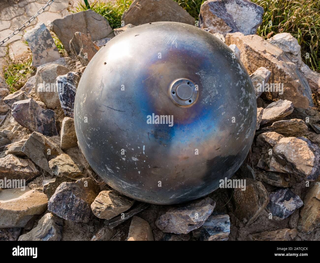 Space shuttle debris, liquid oxygen tank from Delta-2 transportation rocket found in Hustai National Park, Tov Province, Mongolia, Asia Stock Photo