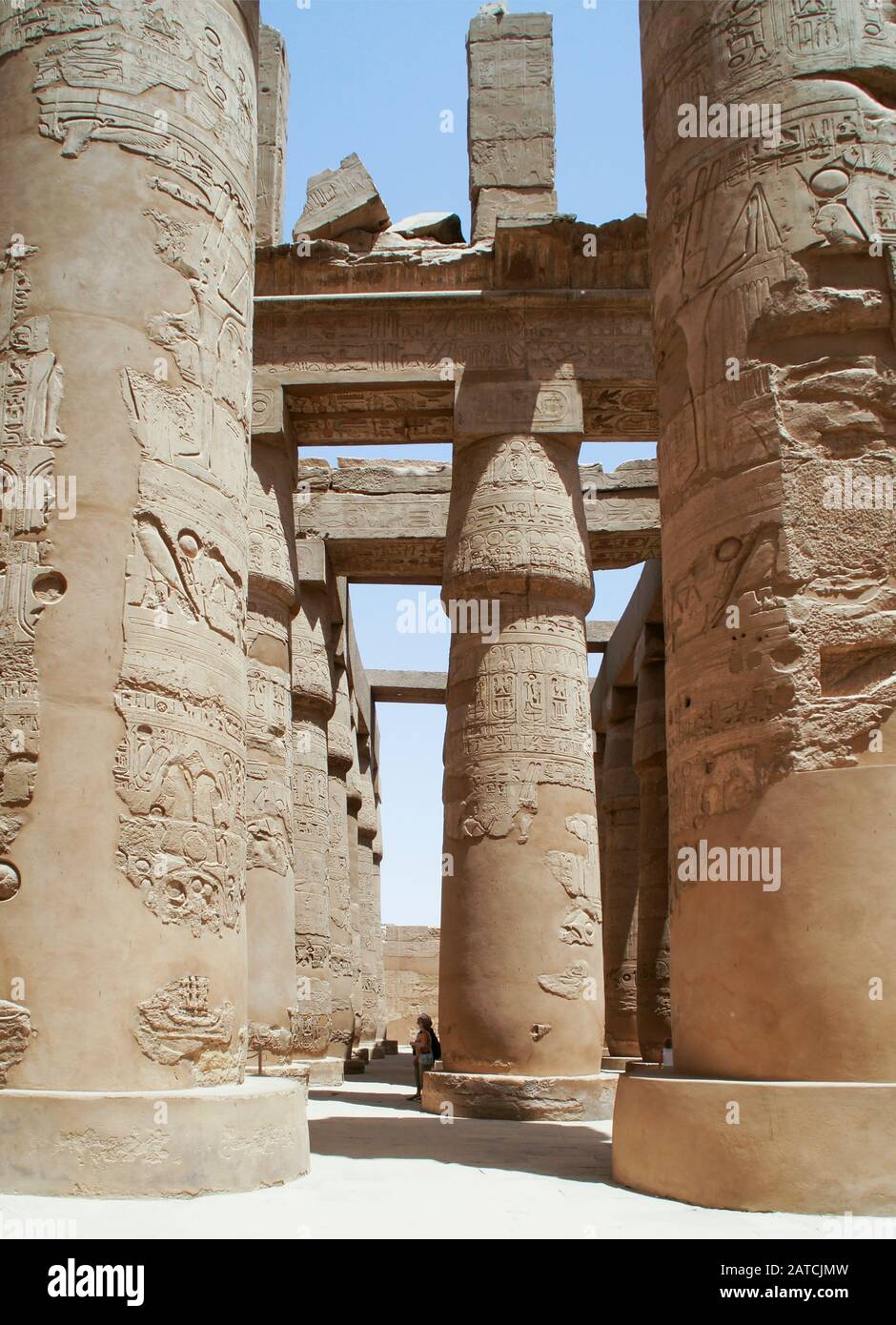 Luxor, Karnak, Egypt, Africa. Temple of Karnak. several columns inside the temple showing a cartouche, hieroglyphics and other relief carvings. Stock Photo