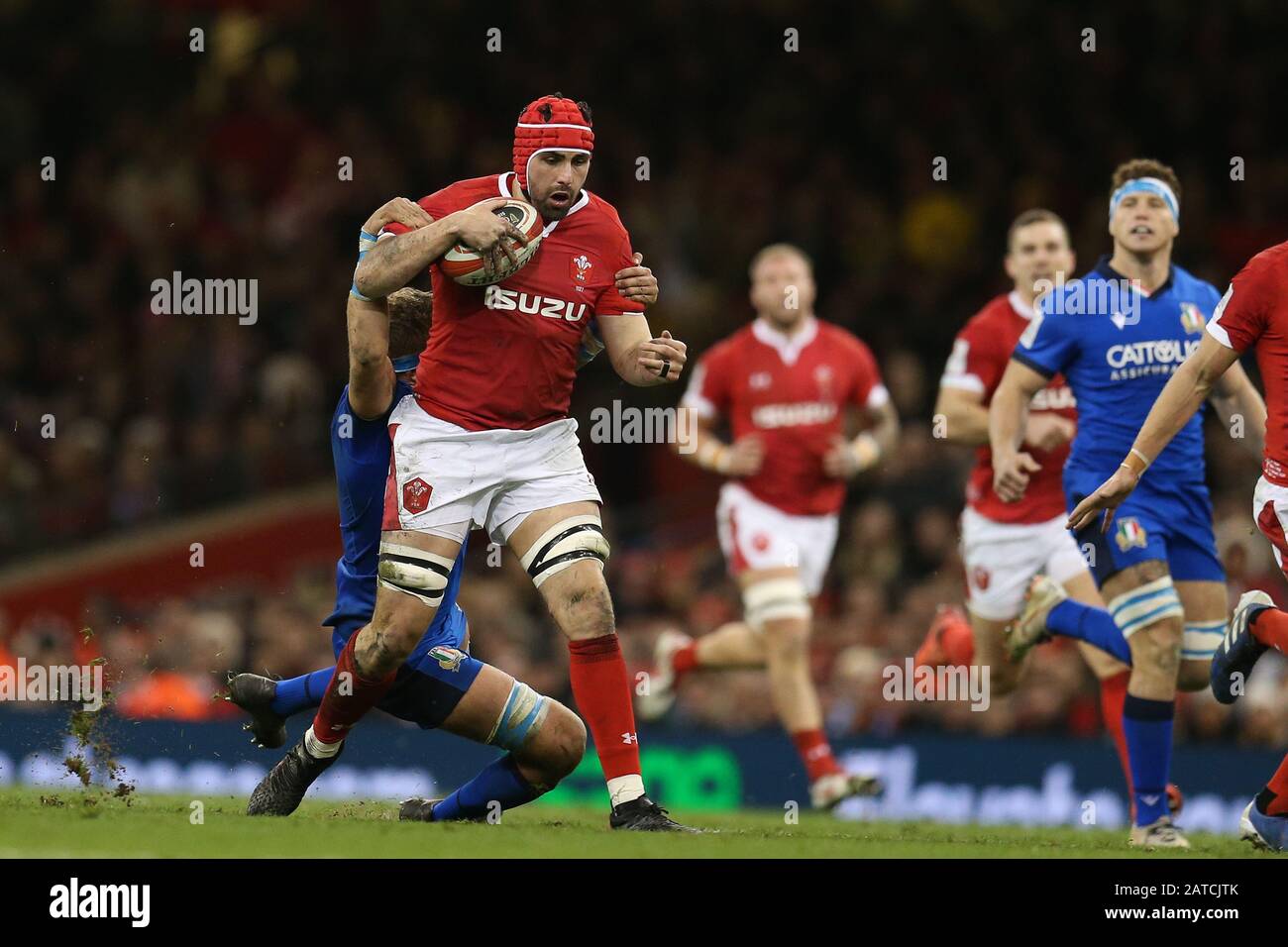 Cardiff Uk 01st Feb 2020 Cory Hill Of Wales Is Tackled Wales V Italy Guinness Six Nations Championship 2020 International Rugby Match At The Principality Stadium In Cardiff Wales Uk On Saturday