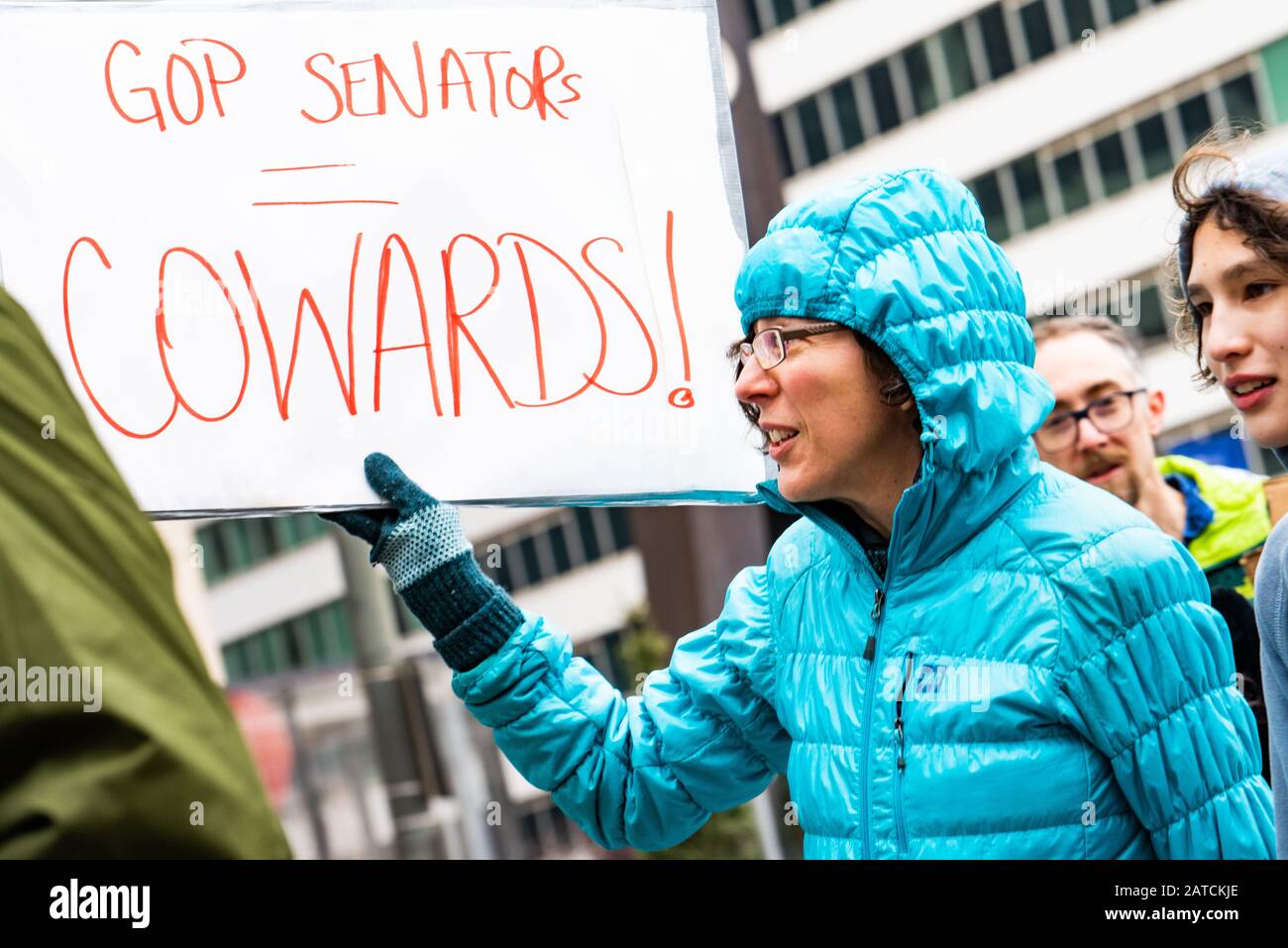Philadelphia, USA. A small group of Philadelphians gathered at Dilworth Plaza for a Rapid Response Rally following news that the Senate would call no witnesses in the Impeachment trial of President Donald Trump. February 01, 2020. Credit: Christopher Evens/Alamy Live News Stock Photo