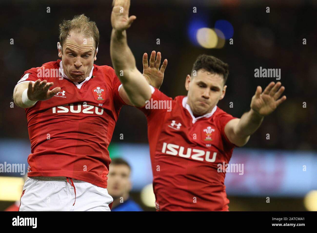 Cardiff, UK. 01st Feb, 2020. Alun Wyn Jones of Wales (l) and Tomos Williams of Wales charge down a kick. Wales v Italy, Guinness Six Nations championship 2020 international rugby match at the Principality Stadium in Cardiff, Wales, UK on Saturday 1st February 2020. pic by Andrew Orchard/Alamy Live News PLEASE NOTE PICTURE AVAILABLE FOR EDITORIAL USE ONLY Stock Photo