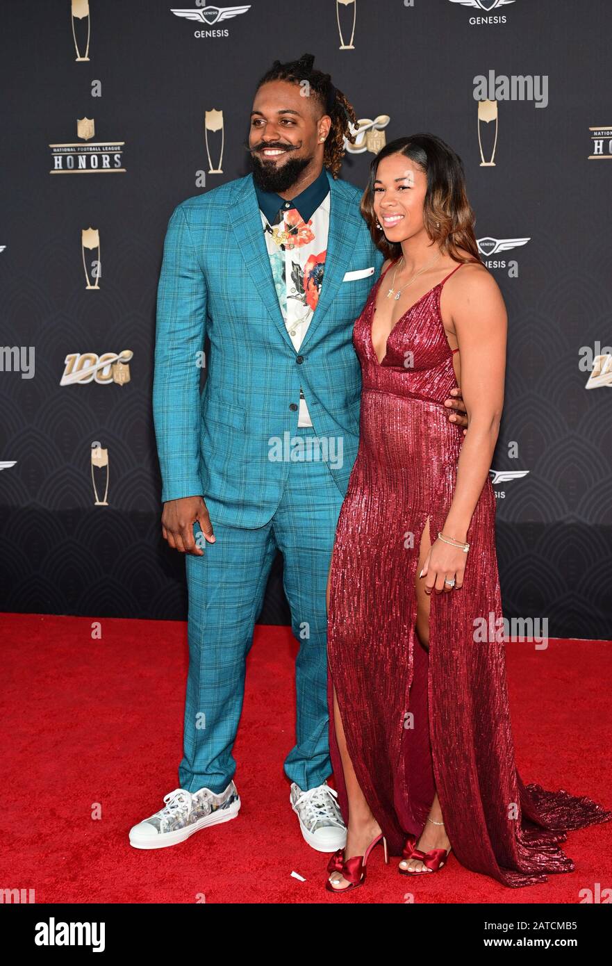 Miami, USA. 01st Feb, 2020. Cameron Jordan of the New Orleans Saints  arrives on the red carpet with a guest at the Adrienne Arsht Center for the NFL  Honors during Super Bowl