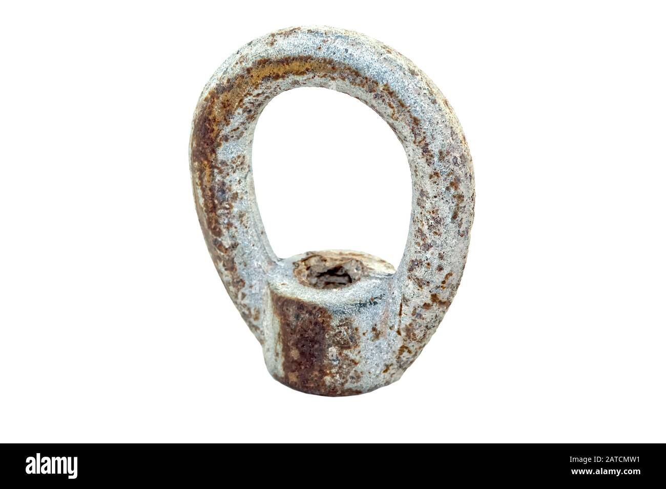 An old rusty metal hook loop photographed on a white background. Stock Photo