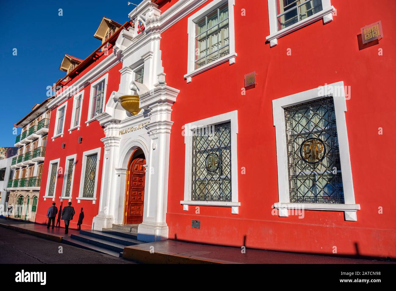 Palacio de Justicia Puno facade, Puno Courthouse, Corte Superior de Justicia de Puno, Plaza de Armas Puno, Peru Stock Photo
