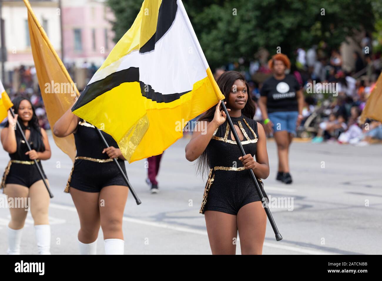 Indianapolis, Indiana, USA - September 28, 2019: The Circle City Classic Parade, Membersa of the Central High School marching Yellow Jackets performin Stock Photo