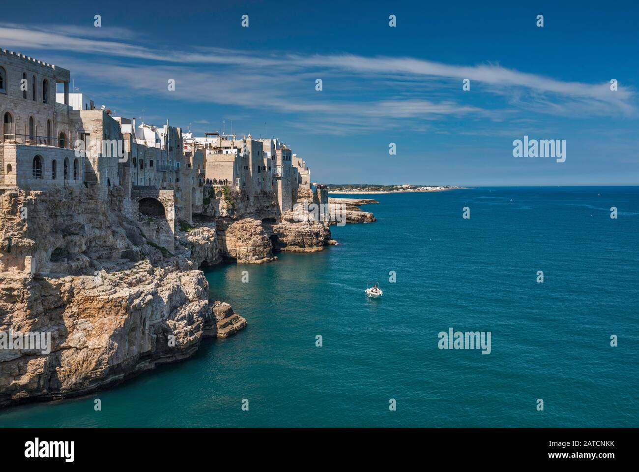 Houses on rocks above Adriatic Sea, from Largo Ardito viewpoint, in Polignano a Mare, Apulia, Italy Stock Photo