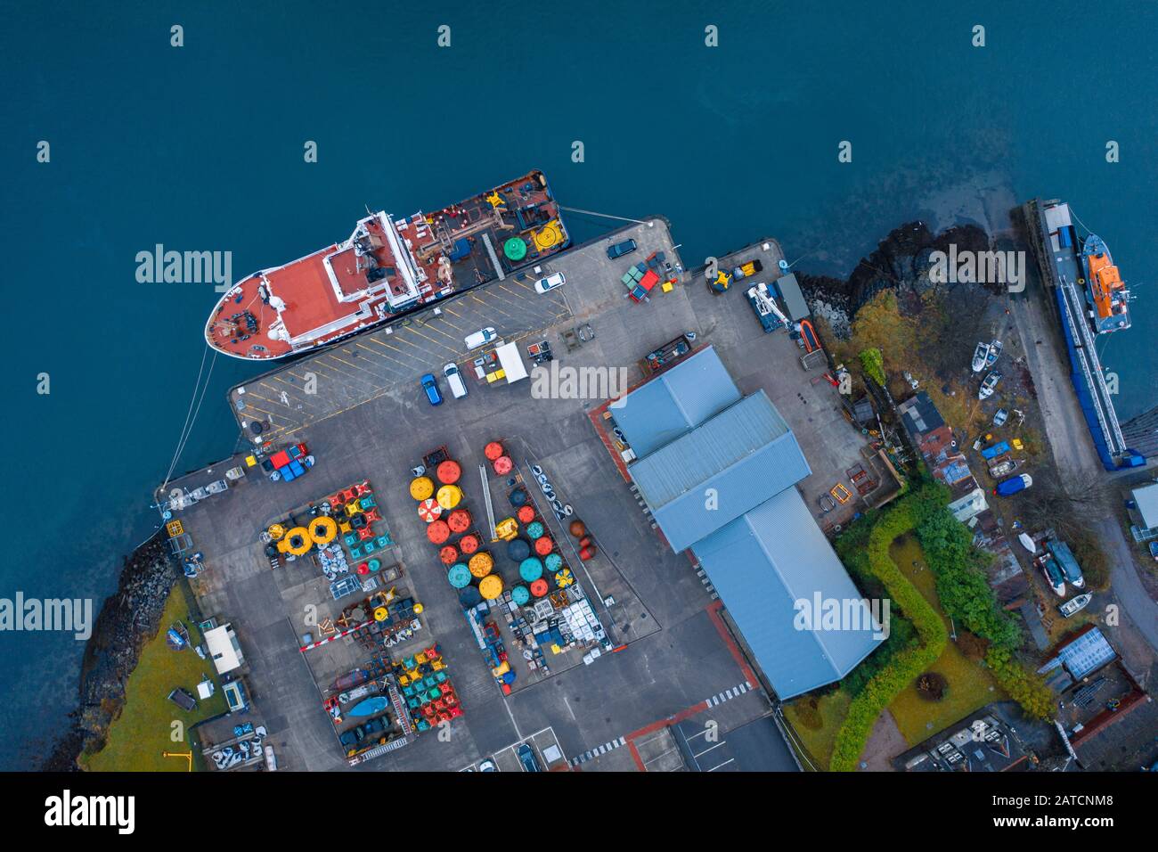 Top down drone view over Northern Lighthouse Board Base in Oban, Scotland Stock Photo