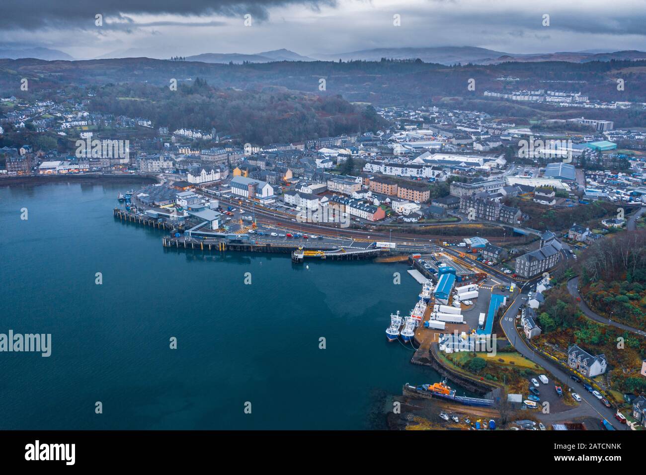 High altitude drone shoot over scenic harbour in Scottish Highlands - Oban Stock Photo