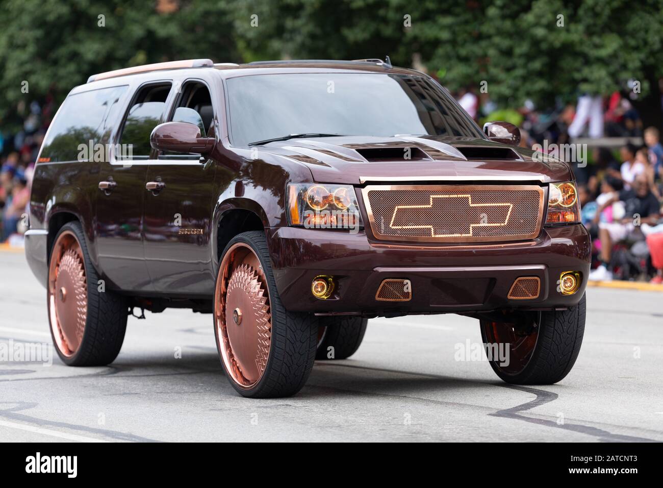 Indianapolis, Indiana, USA - September 28, 2019: The Circle City Classic Parade, A donked Chevrolet SUV going down Pennsylvania street at the parade Stock Photo