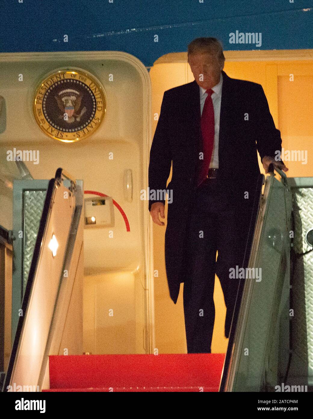 President Donald J. Trump disembarks Air Force One Jan. 28, 2020, on the FAA William J. Hughes Technical Center ramp at the Atlantic City International Airport in Egg Harbor Township, N.J. Trump exited the highly customized Boeing 747-200B aircraft prior to boarding Marine One, a U.S. Marine Corps VH-3D Sea King, en route to his next destination. (U.S. Air National Guard photo by Amn Hunter Hires) Stock Photo