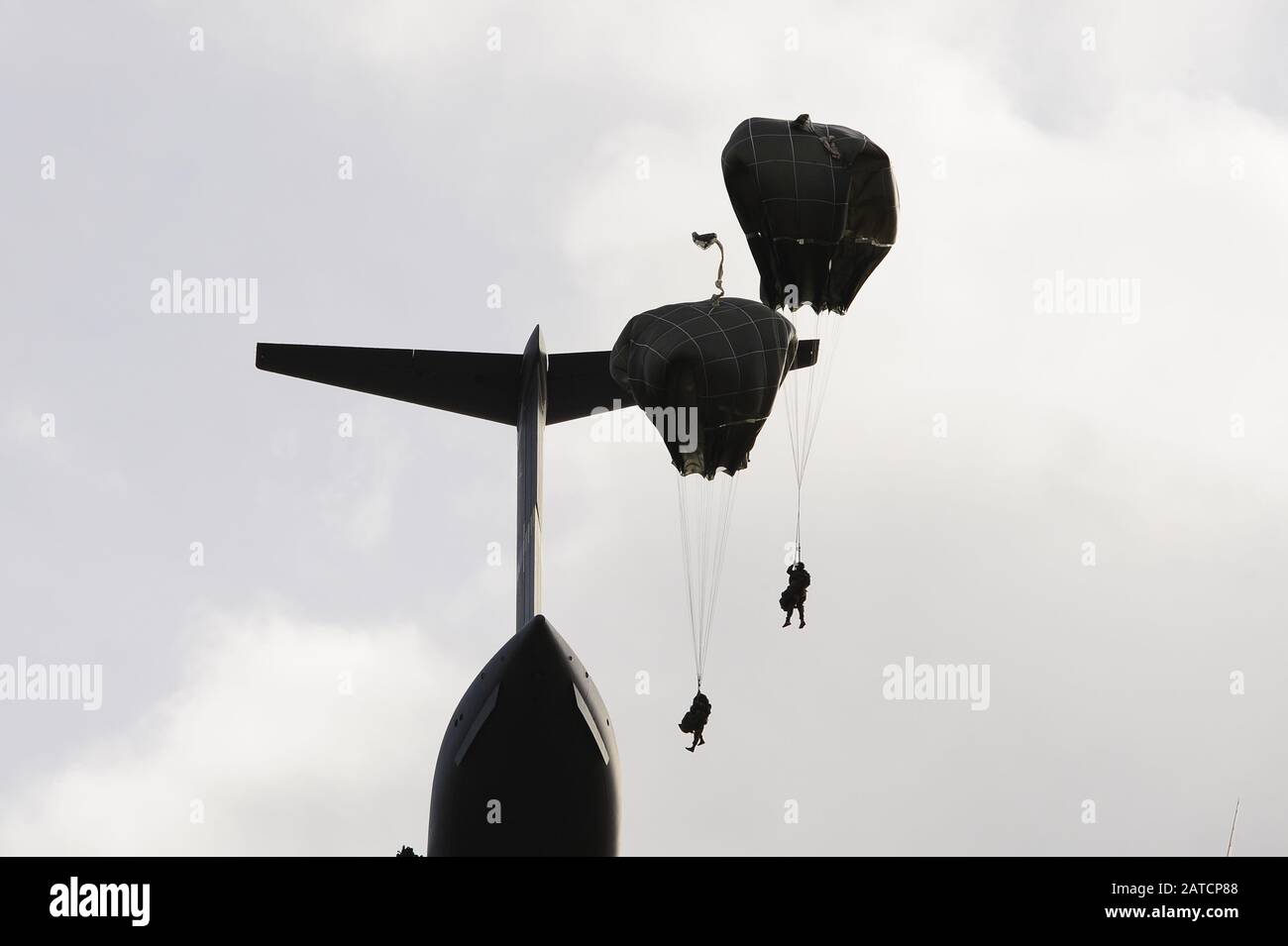 U.S. paratroopers from HHC, 2nd Battalion, 503rd  Infantry Regiment, 173rd Airborne Brigade and Italian paratroopers Reggimento Savoia Cavalleria 3, jump from a U.S Air Force C17 aircraft during the  Exercise Rock Topside 20, Monte Romano, Italy, Jan. 29, 2020. Rock Topside is a joint forced entry exercise to train the battalion’s ability to conduct airborne contingency response force operations. This training stresses the interoperability of both the paratroopers of the 2nd Battalion, 503rd Infantry Regiment and Italian paratroopers of Reggimento Savoia Cavalleria 3. (U.S Army photo by Elena Stock Photo